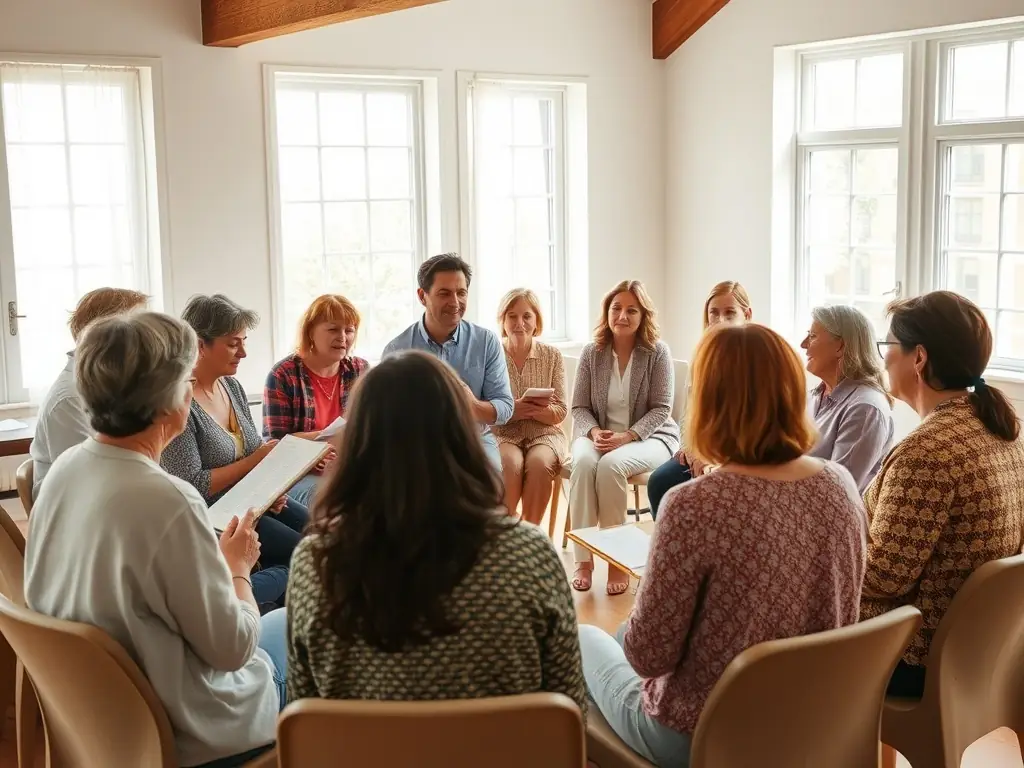 A serene image of participants engaged in a spiritual growth workshop, sharing ideas and experiences in a supportive environment, reflecting the Canadian Unitarian Council's focus on personal and spiritual development.