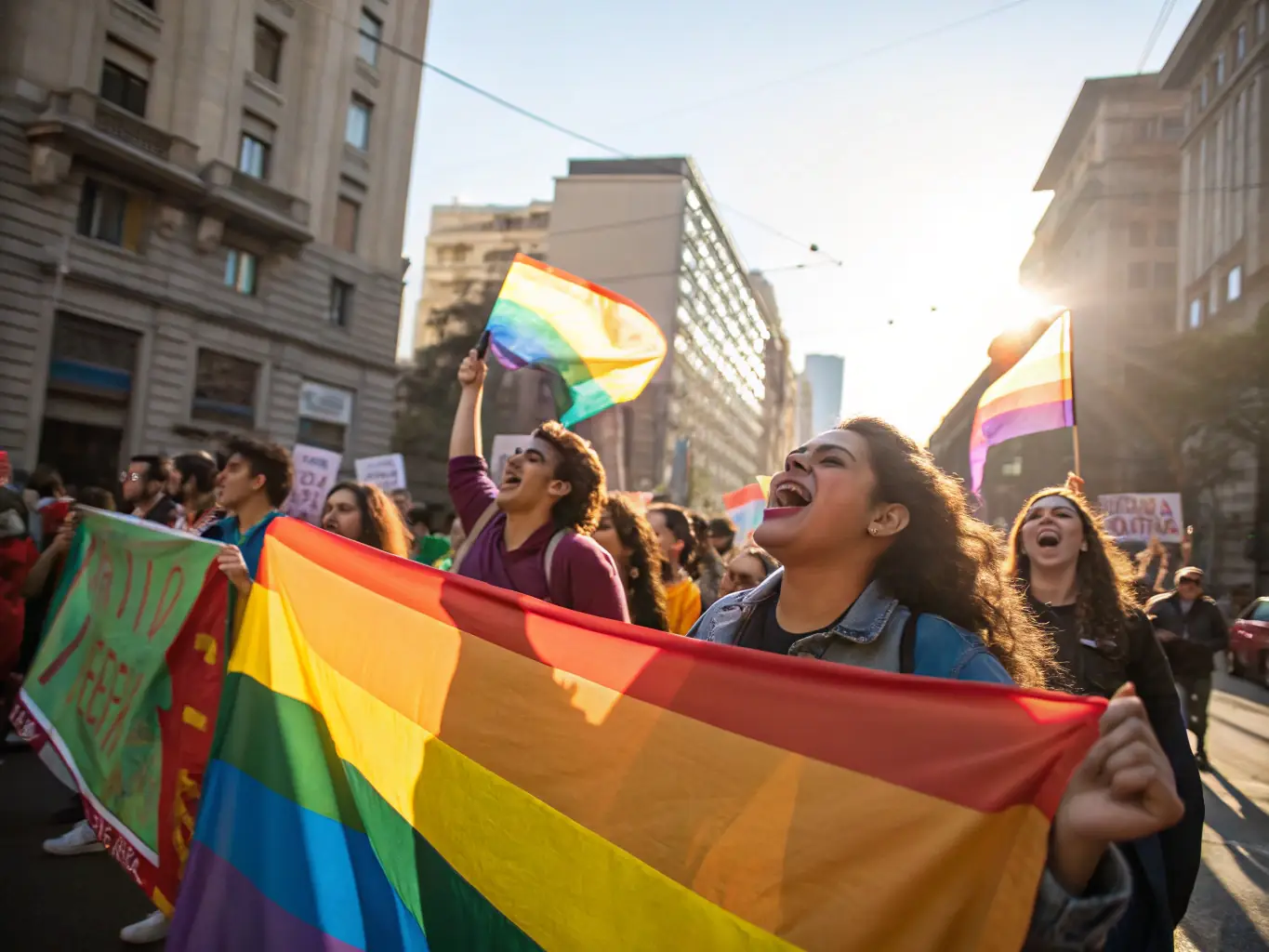 A diverse group of people participating in a social justice rally, holding signs and banners, representing the Canadian Unitarian Council's dedication to advocating for equality and human rights.