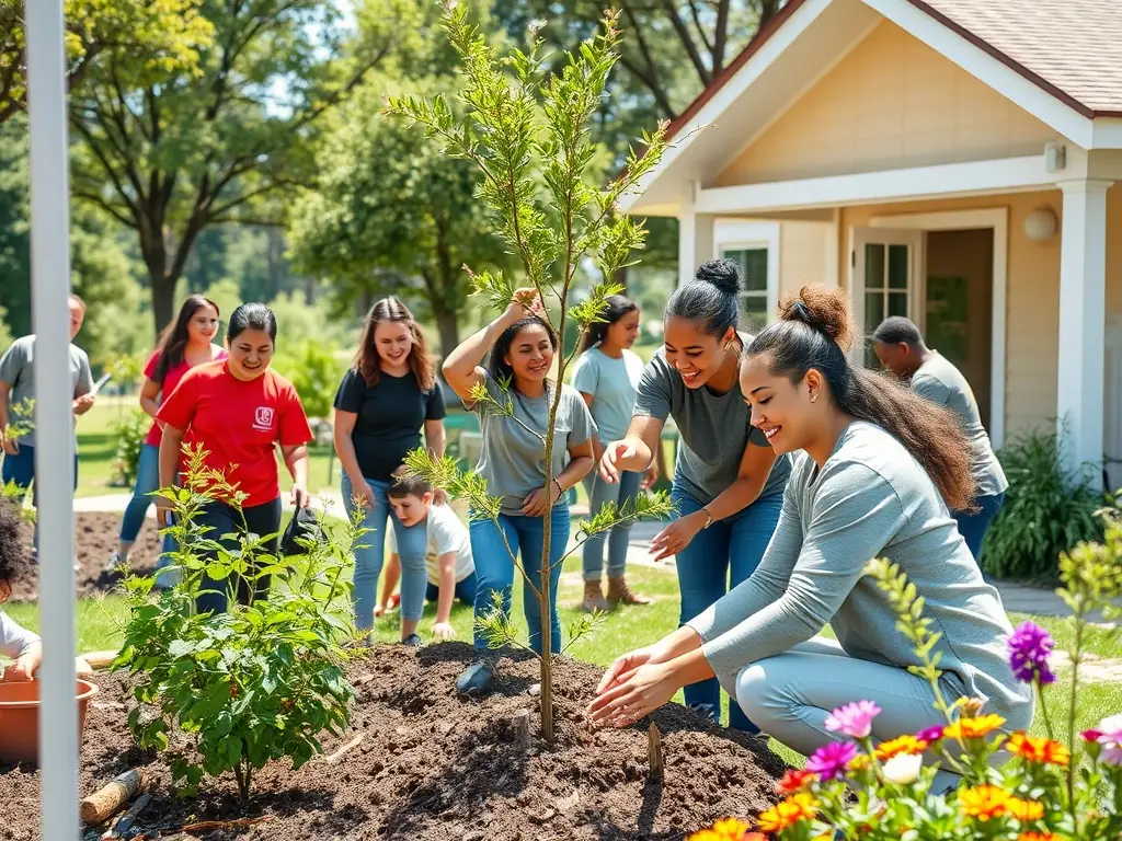 A group of diverse individuals participating in a community service project, showcasing unity and collaboration, representing the Community Support Programs.